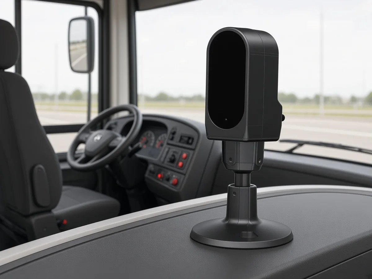 Cámara DMS en tablero apuntando al conductor de autobús, ilustración fondo neutro